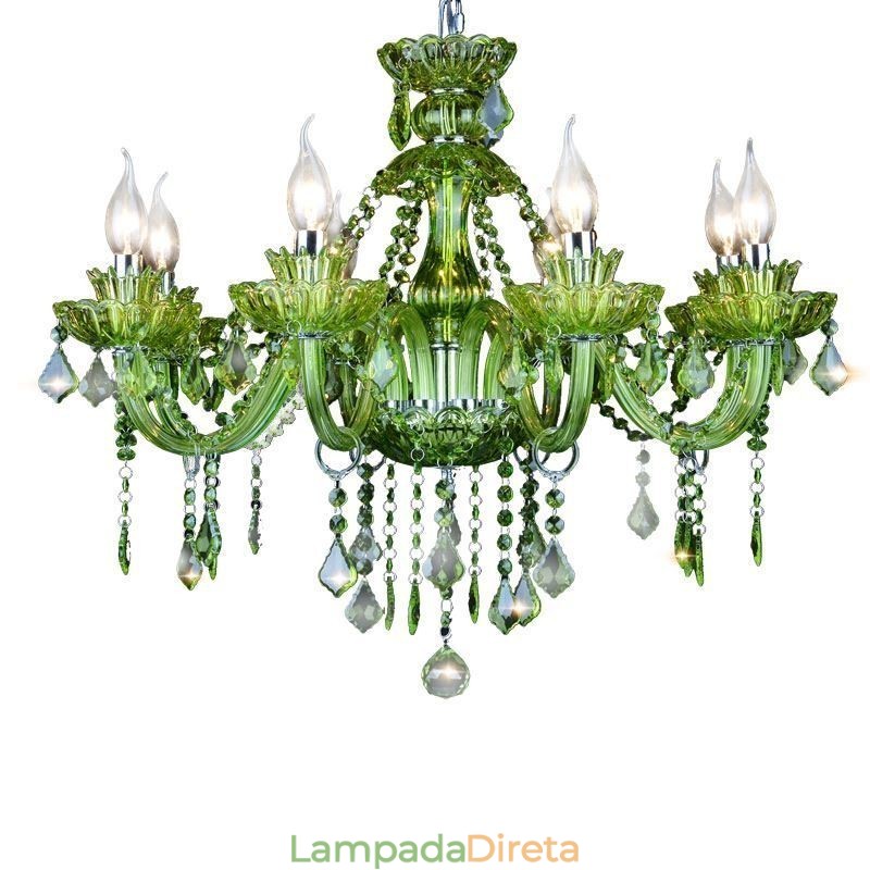 Lustre de cristal verde estilo europeu, luz pendente de vela