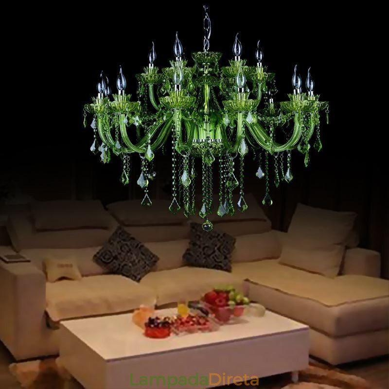 Lustre de cristal verde estilo europeu, luz pendente de vela