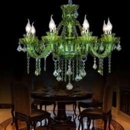 Lustre de cristal verde estilo europeu, luz pendente de vela