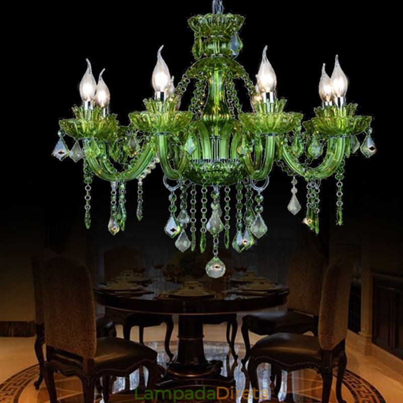 Lustre de cristal verde estilo europeu, luz pendente de vela