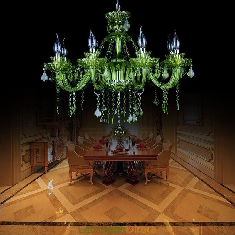 Lustre de cristal verde estilo europeu, luz pendente de vela