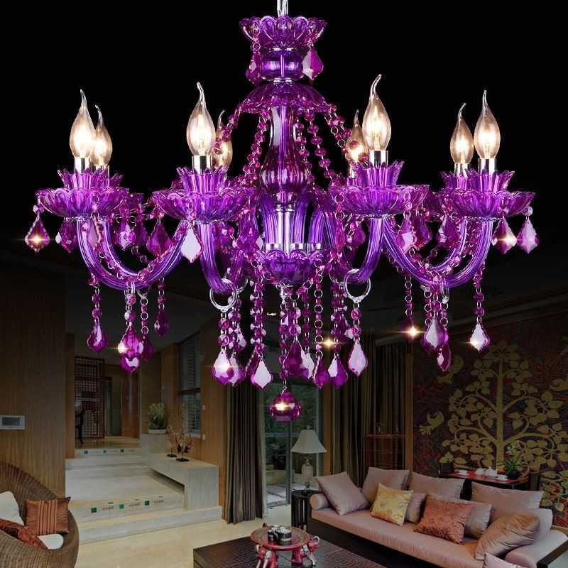 Elegante lustre europeu de cristal roxo para teto