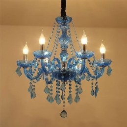 Lustre de cristal azul estilo europeu, luz pendente exclusiva