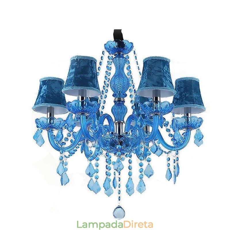 Lustre de cristal azul estilo europeu, luz pendente exclusiva