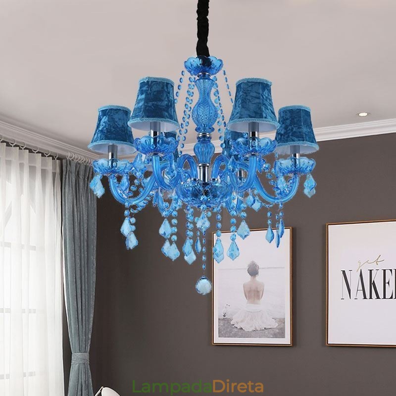 Lustre de cristal azul estilo europeu, luz pendente exclusiva