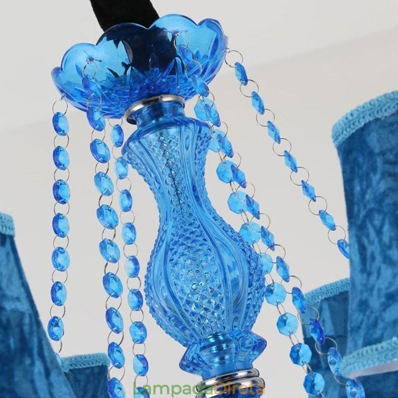 Lustre de cristal azul estilo europeu, luz pendente exclusiva