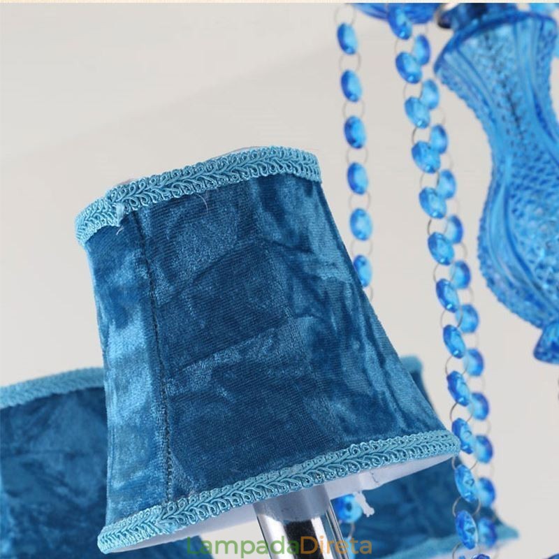 Lustre de cristal azul estilo europeu, luz pendente exclusiva