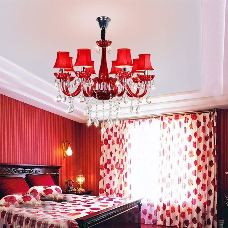 Lustre de cristal europeu moderno cor vermelha luz de teto