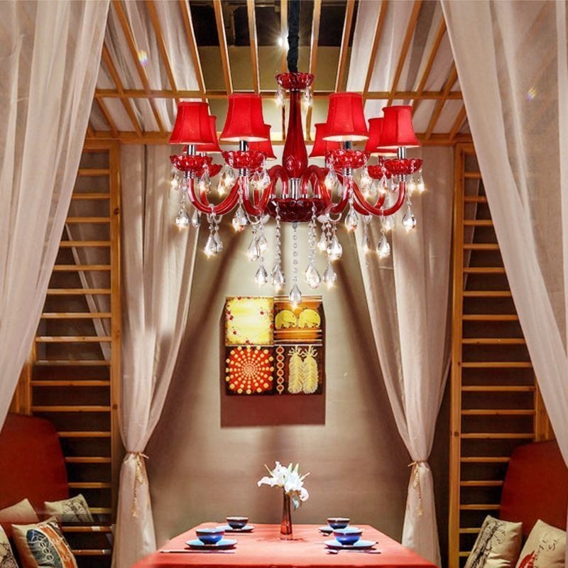 Lustre de cristal europeu moderno cor vermelha luz de teto