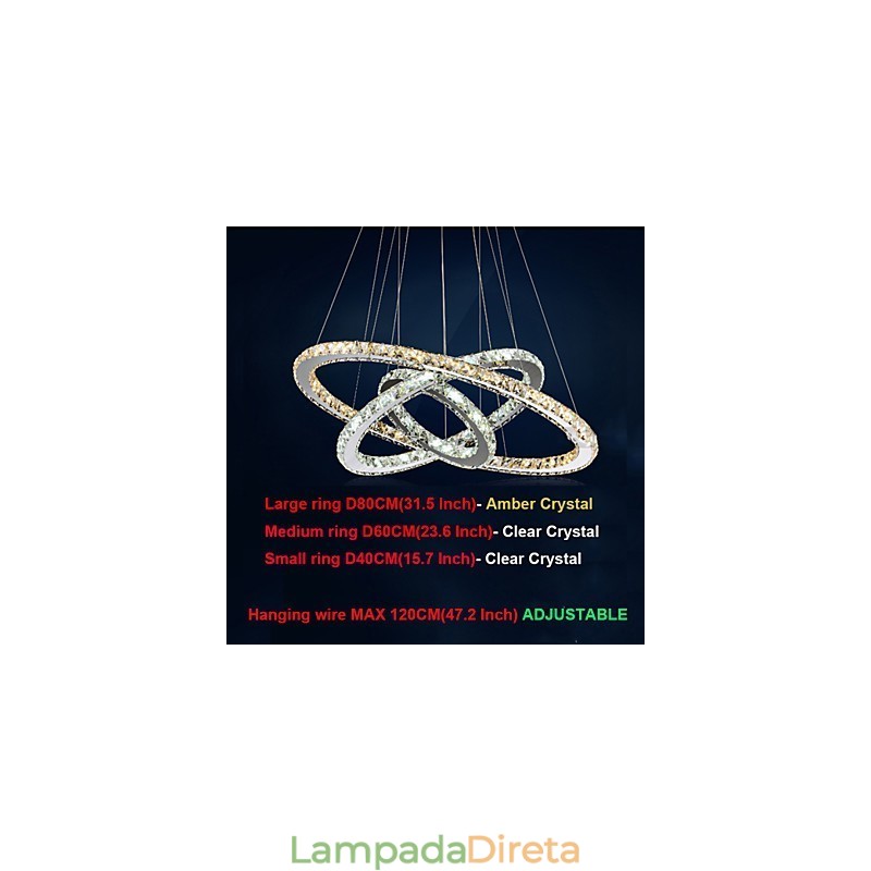 Luminárias pendentes âmbar e cristal K9 transparente Lustre de iluminação com 3 anéis
