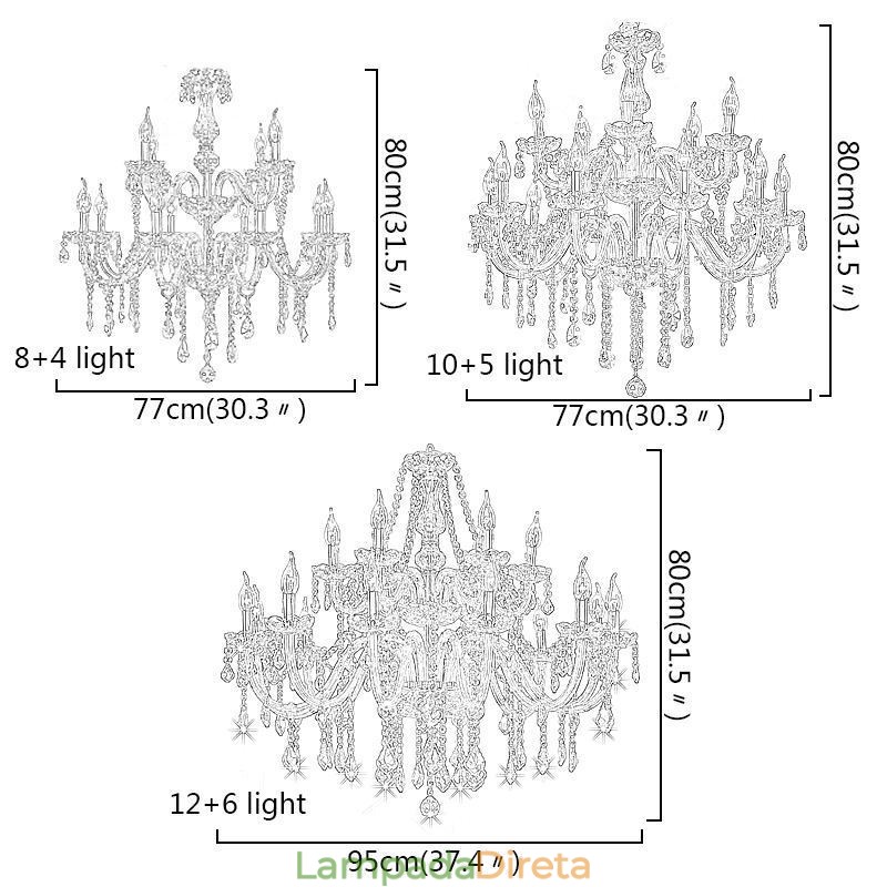 Lustre de cristal europeu, luz pendente transparente