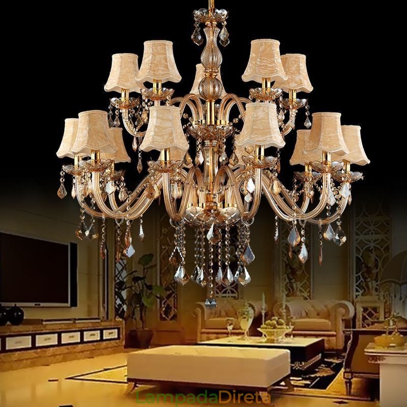 Grande lustre de cristal de luxo europeu com luz de teto âmbar