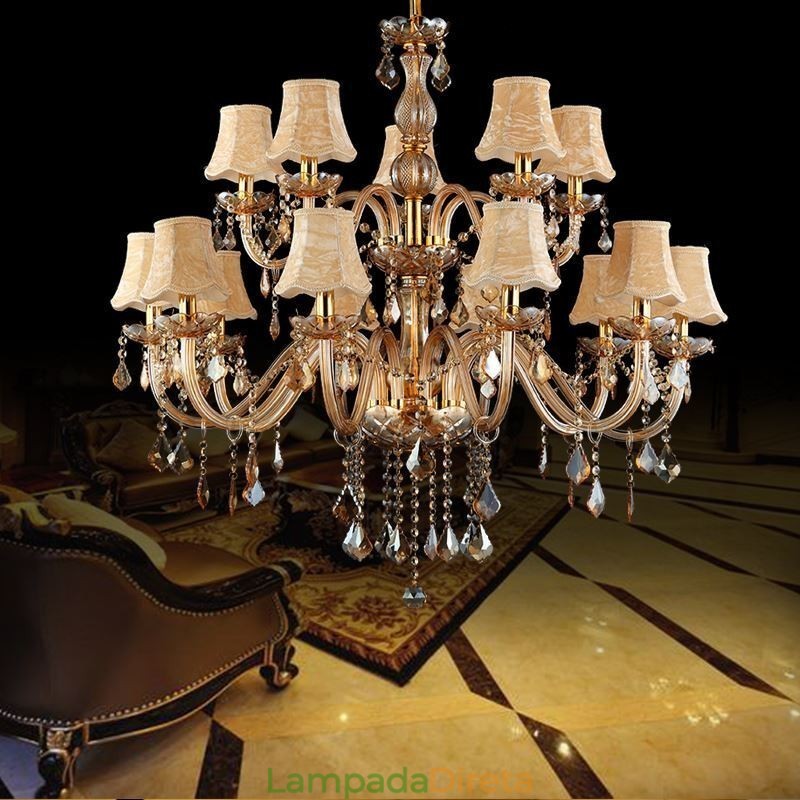 Grande lustre de cristal de luxo europeu com luz de teto âmbar