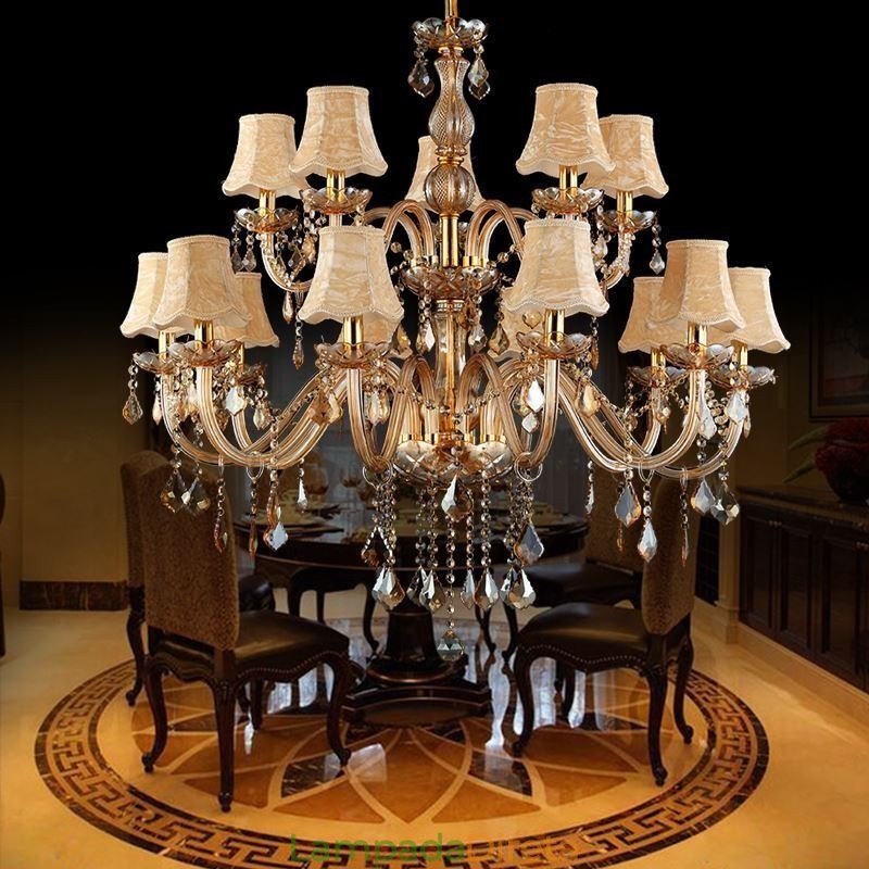 Grande lustre de cristal de luxo europeu com luz de teto âmbar
