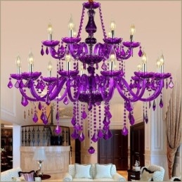 Lustre de cristal estilo europeu, luz pendente roxa