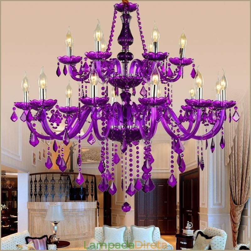 Lustre de cristal estilo europeu, luz pendente roxa