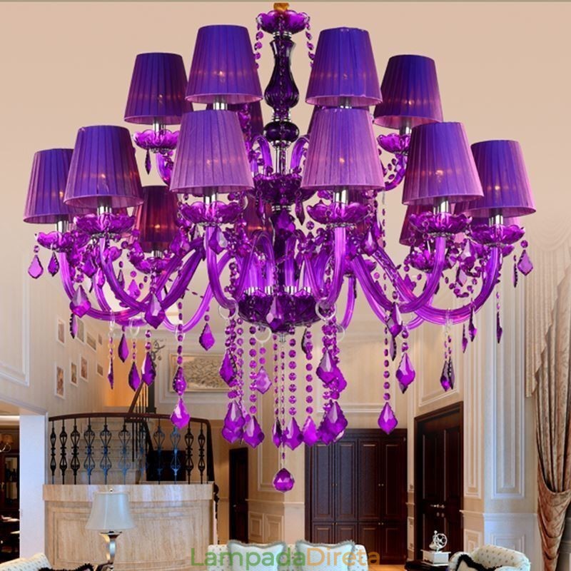 Lustre de cristal estilo europeu, luz pendente roxa