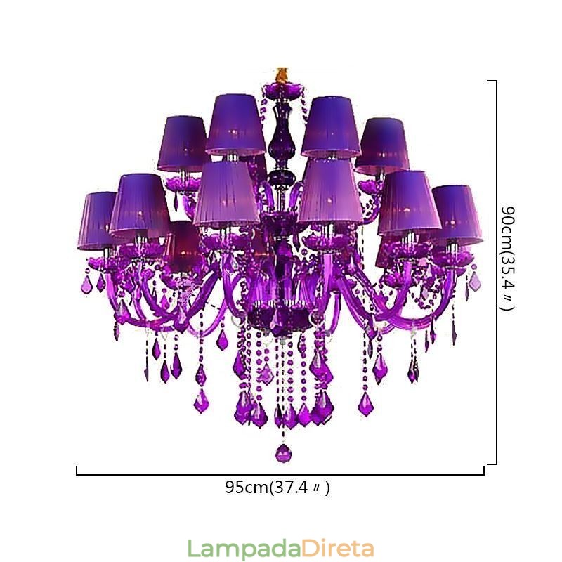 Lustre de cristal estilo europeu, luz pendente roxa