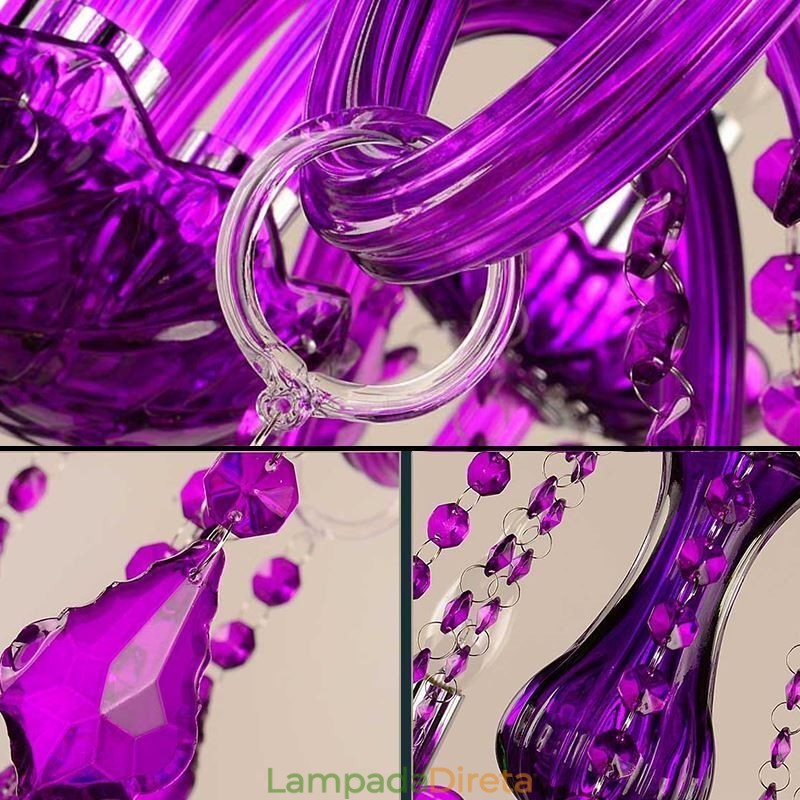 Lustre de cristal estilo europeu, luz pendente roxa