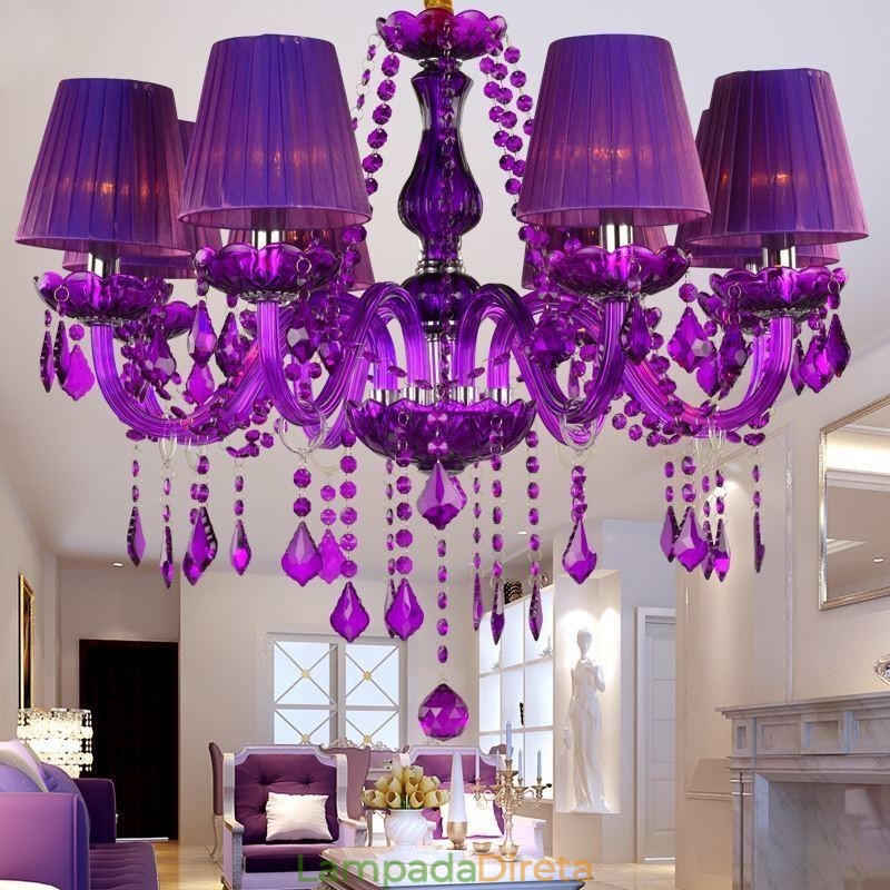Elegante lustre de cristal estilo europeu luz pendente roxa