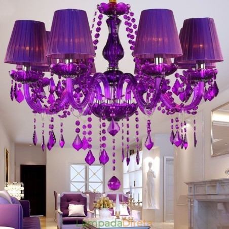 Elegante lustre de cristal estilo europeu luz pendente roxa Elegante lustre de cristal estilo europeu luz pendente roxa