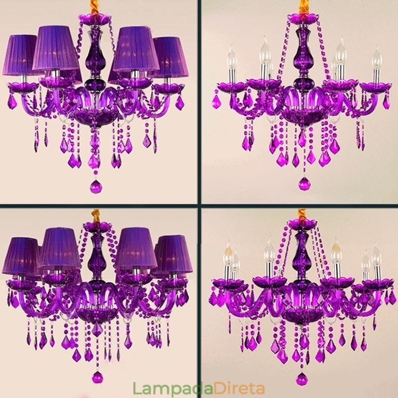 Elegante lustre de cristal estilo europeu luz pendente roxa