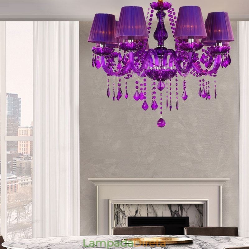 Elegante lustre de cristal estilo europeu luz pendente roxa