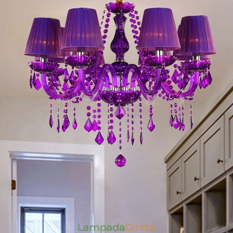 Elegante lustre de cristal estilo europeu luz pendente roxa