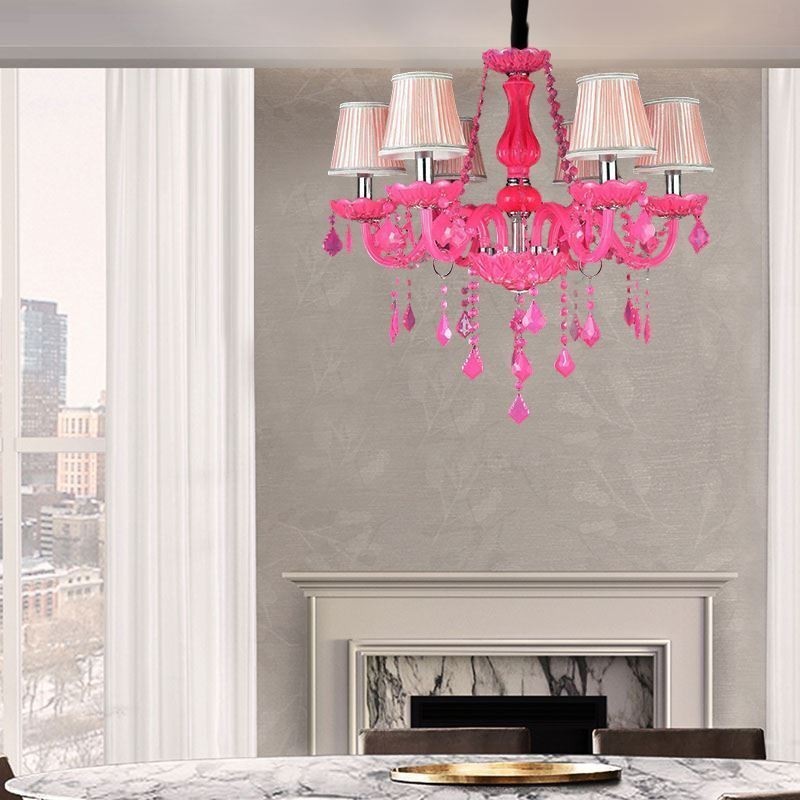 Lustre de cristal estilo europeu rosa luz pendente romântico