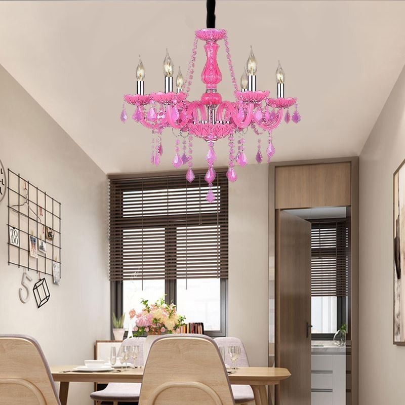 Lustre de cristal estilo europeu rosa luz pendente romântico