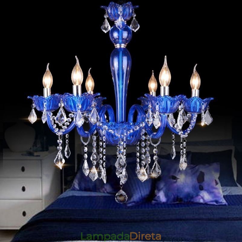 Lustre de cristal estilo europeu, luz pendente de vidro de cristal azul