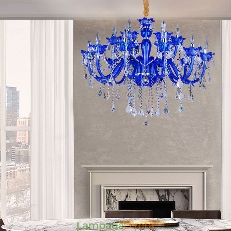 Lustre de cristal estilo europeu, luz pendente de vidro de cristal azul