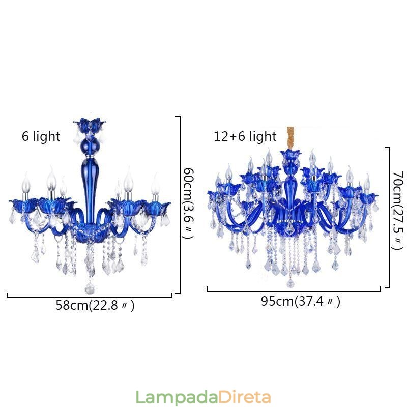 Lustre de cristal estilo europeu, luz pendente de vidro de cristal azul