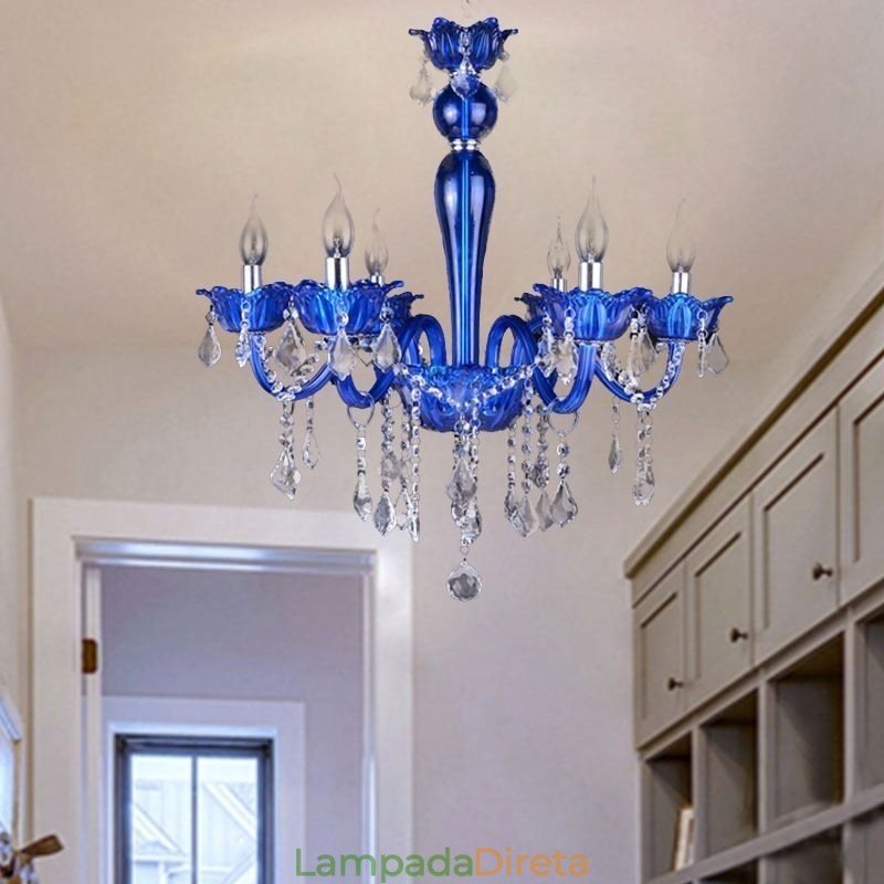Lustre de cristal estilo europeu, luz pendente de vidro de cristal azul
