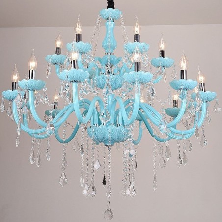 Lustre de cristal grande europeu, cor azul, pingente de luz Lustre de cristal grande europeu, cor azul, pingente de luz