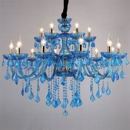 Elegante lustre de cristal europeu azul luz pendente
