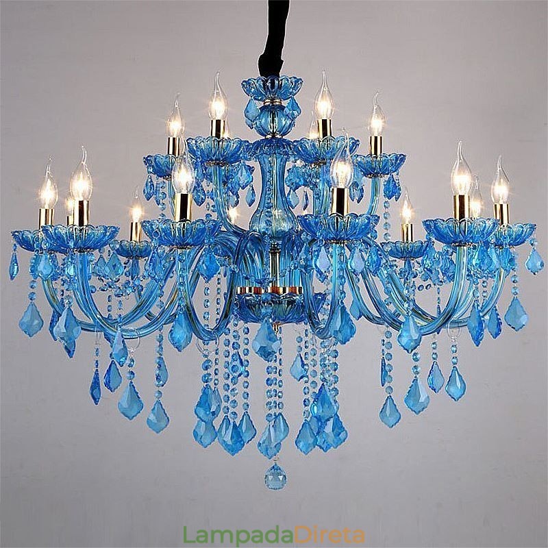 Elegante lustre de cristal europeu azul luz pendente