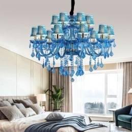 Elegante lustre de cristal europeu azul luz pendente