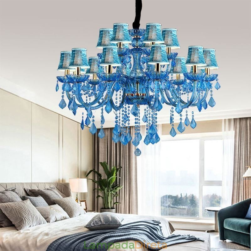 Elegante lustre de cristal europeu azul luz pendente