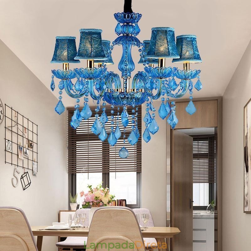 Elegante lustre de cristal europeu azul luz pendente