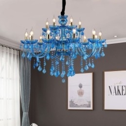 Elegante lustre de cristal europeu azul luz pendente