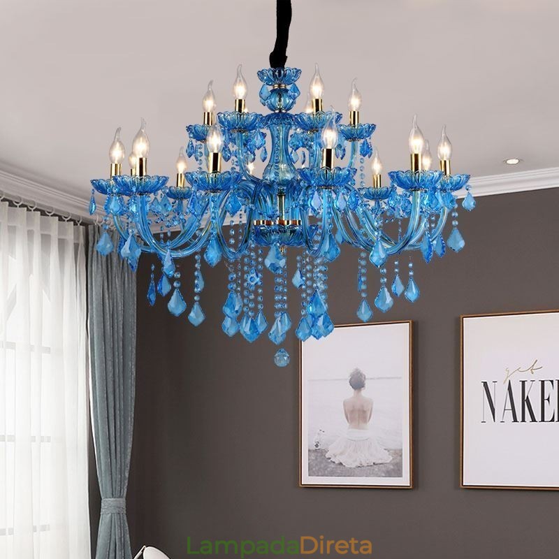 Elegante lustre de cristal europeu azul luz pendente