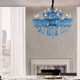 Elegante lustre de cristal europeu azul luz pendente