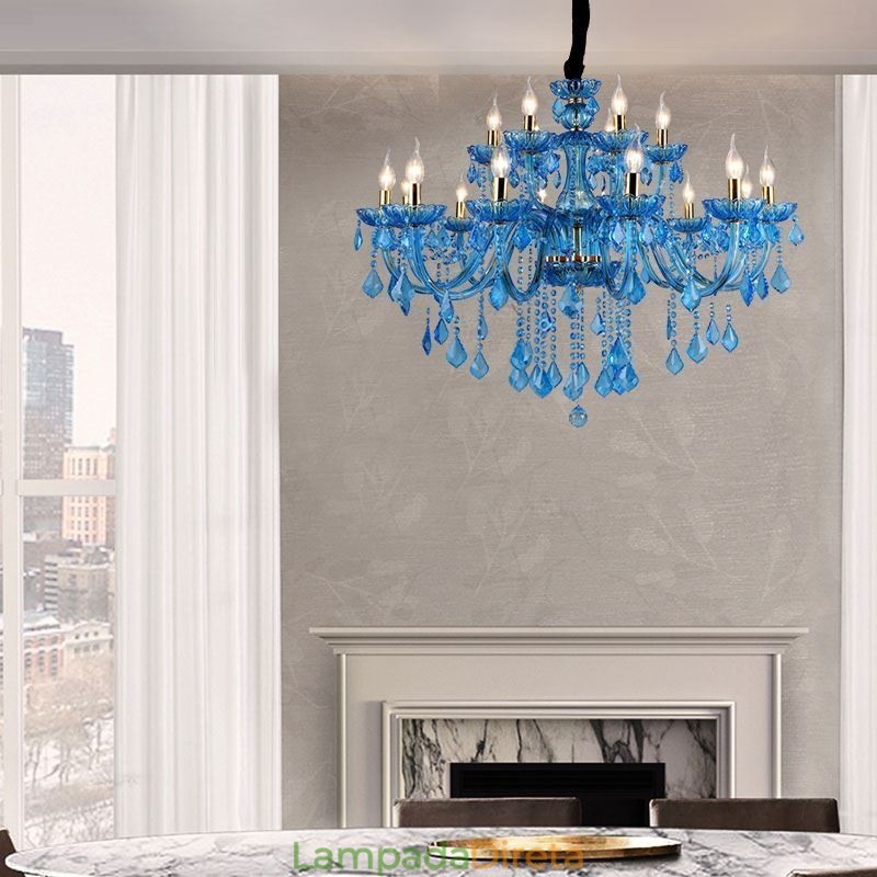 Elegante lustre de cristal europeu azul luz pendente