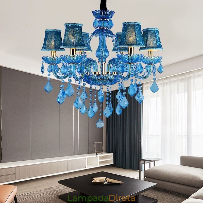 Elegante lustre de cristal europeu azul luz pendente