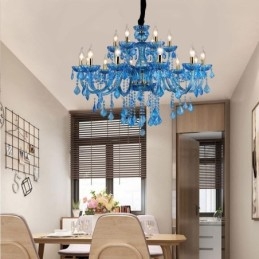Elegante lustre de cristal europeu azul luz pendente
