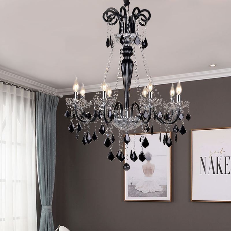Lustre de cristal retrô europeu preto pingente luz