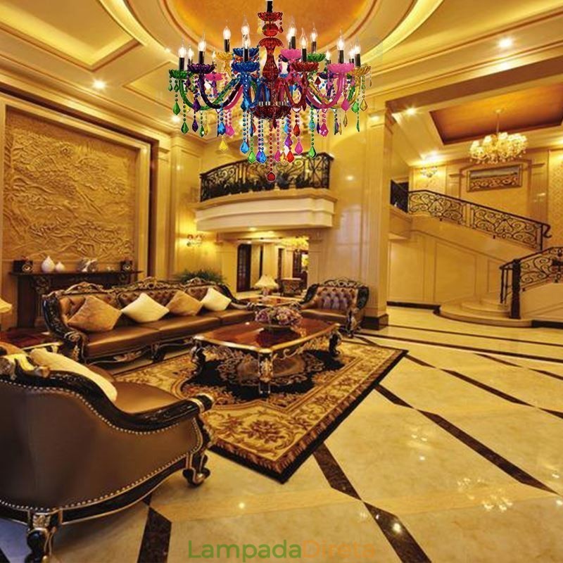 Lustre colorido estilo europeu, luminária pendente de luxo