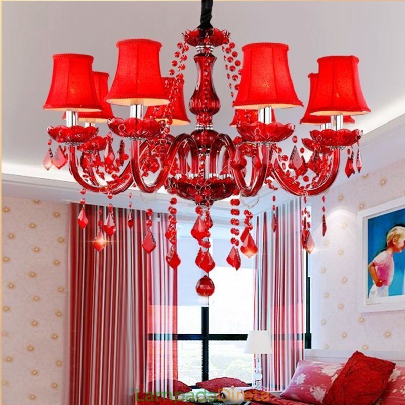 Lustre de cristal de luxo europeu vermelho cor pingente luz