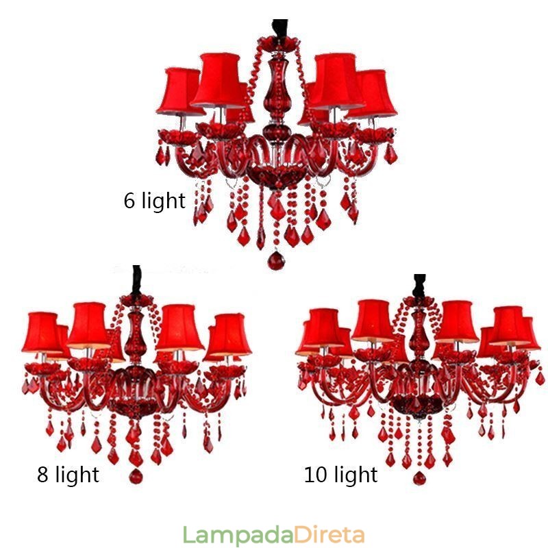 Lustre de cristal de luxo europeu vermelho cor pingente luz